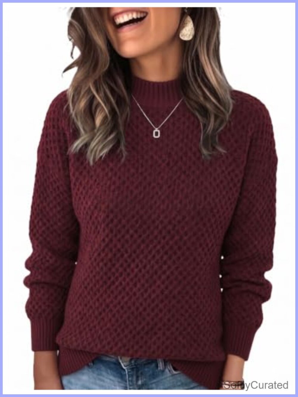 Waffle Knit Mock Neck Long Sleeve Chunky Pullover Sweater